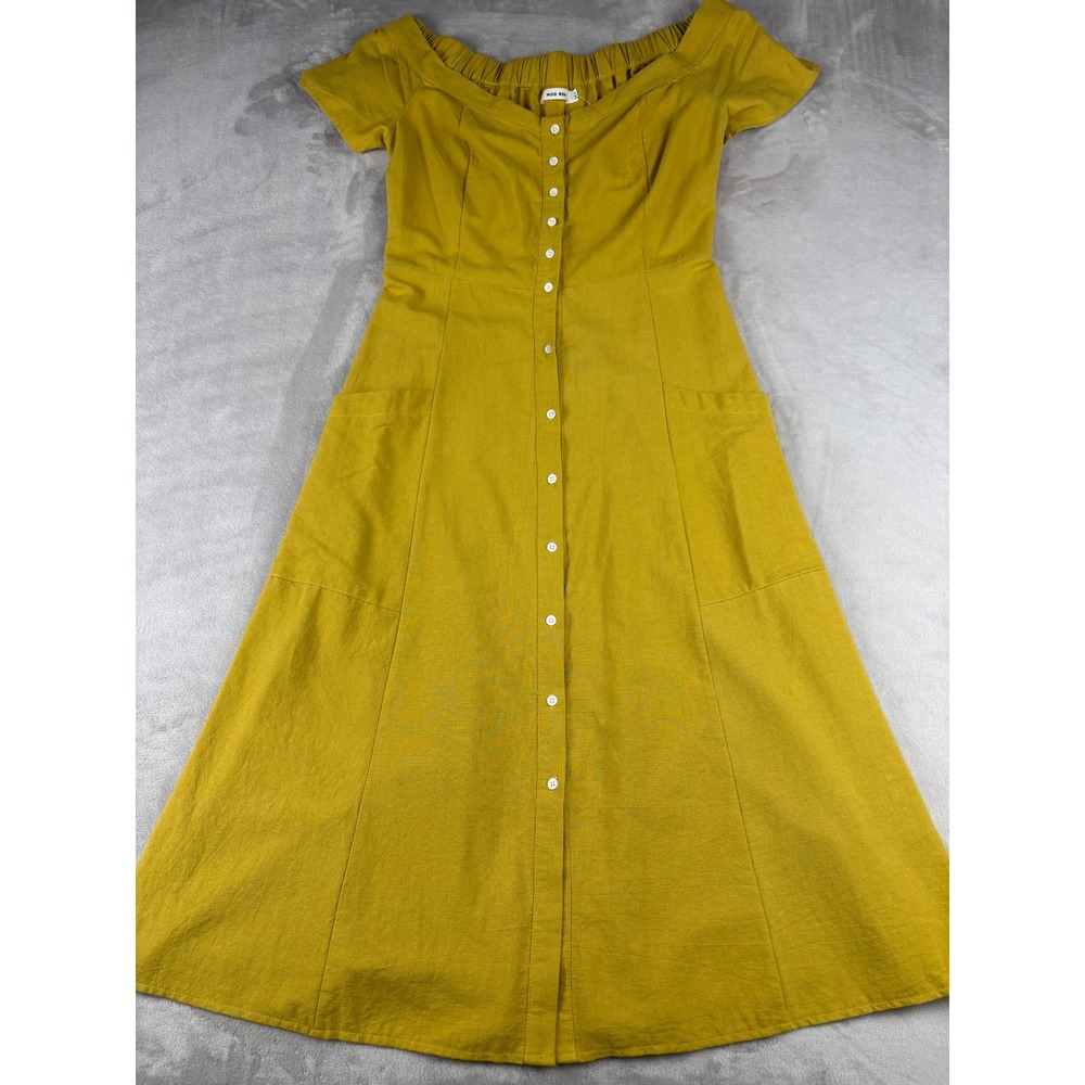 Mod Ref Mustard Yellow Off Shoulder Button Front Midi Dress Cotton Blend Size M